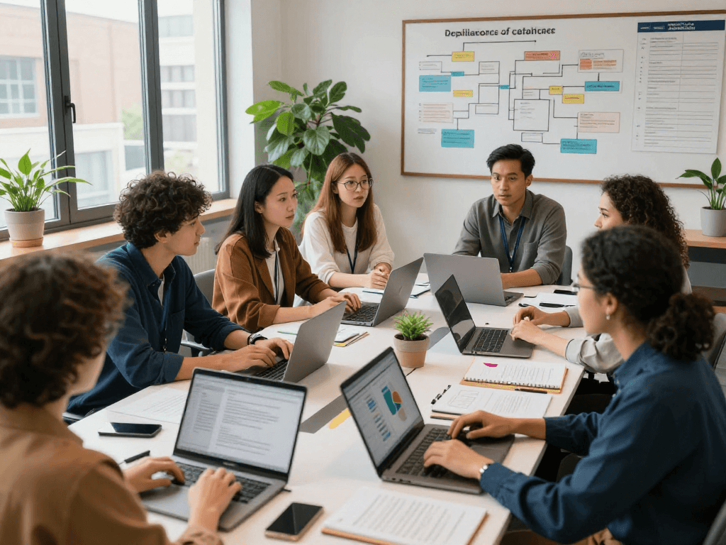 Beratungsszene in sozialen Einrichtungen, Team diskutiert Datenschutz und Barrierefreiheit.