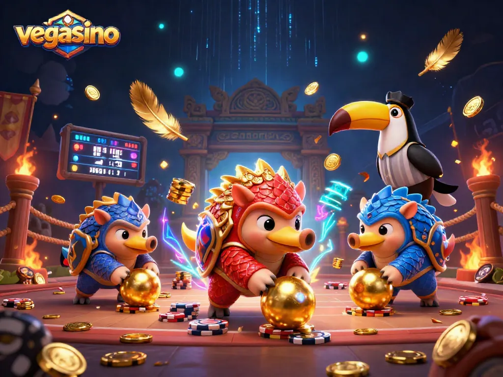 Experience the thrill of vegasino in a vibrant 3D illustration with rival pangolins and casino elements.