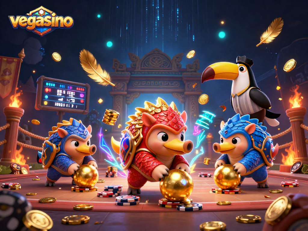 Experience the thrill of vegasino in a vibrant 3D illustration with rival pangolins and casino elements.