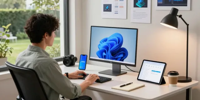 Effizientes Home-Office mit Windows 11 Home, moderner Arbeitsplatz und inspirierender Atmosphäre.