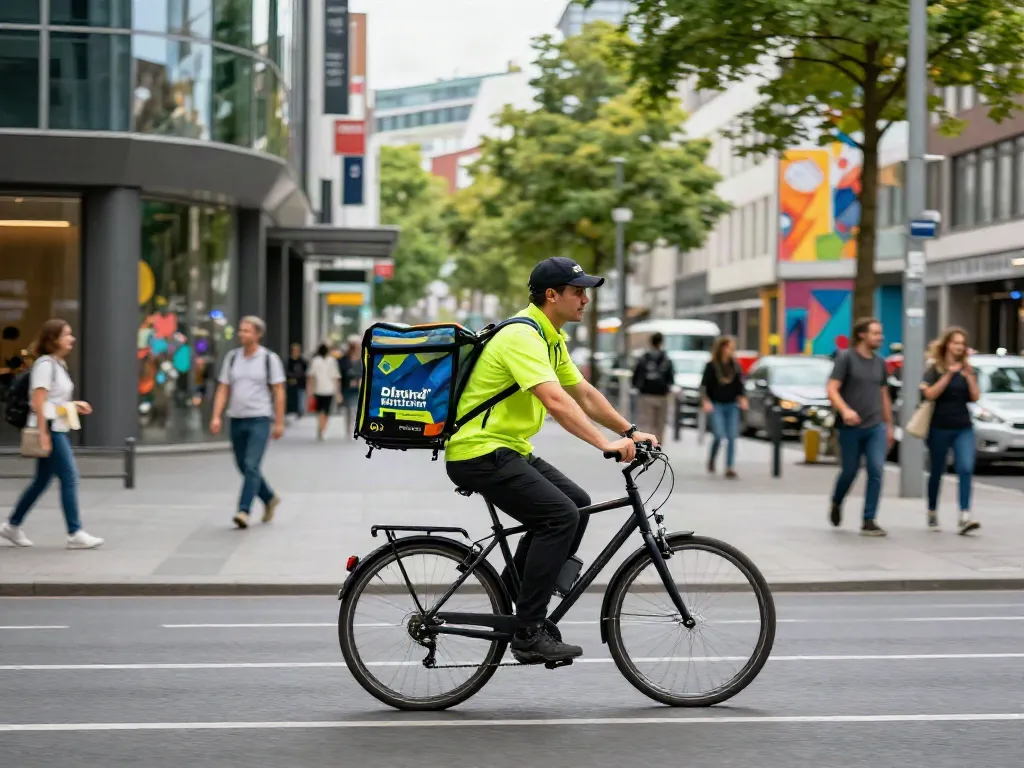 Kurierdienst in Düsseldorf mit einem Boten auf dem Fahrrad in der Stadt.