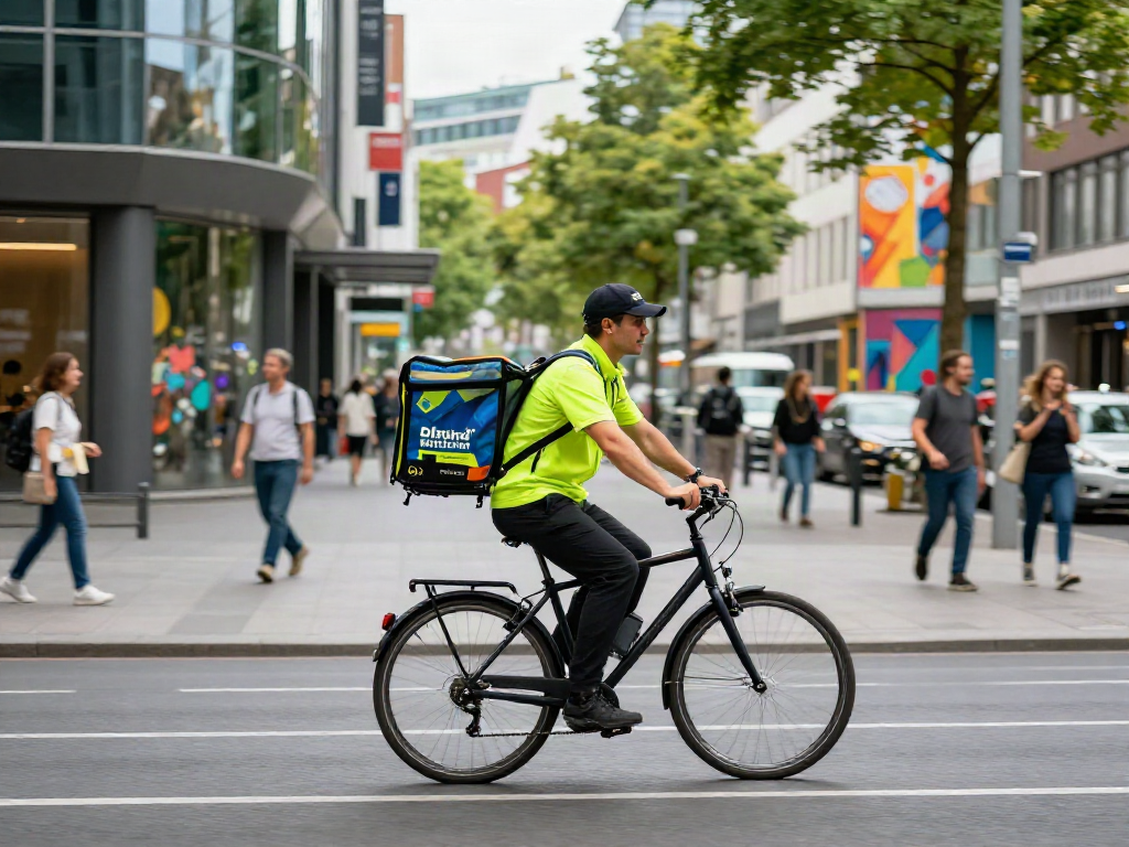 Kurierdienst in Düsseldorf mit einem Boten auf dem Fahrrad in der Stadt.