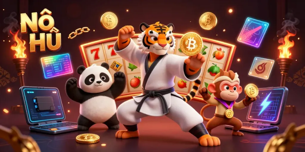 Engage with Nổ Hũ featuring a kung fu tiger master and a panda disciple amid vibrant slot game elements.