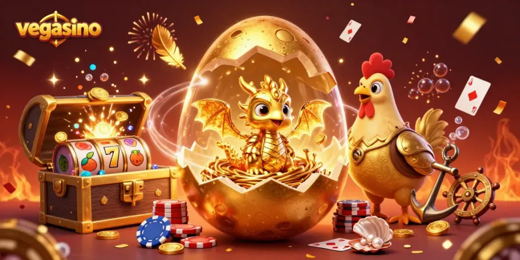 Engage in vegasino's vibrant gaming world with a golden dragon amidst dynamic casino elements.