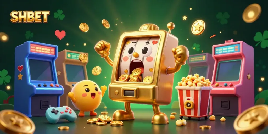 SHBET's golden slot machine celebrates a jackpot with coins pouring out in a vibrant casino scene.