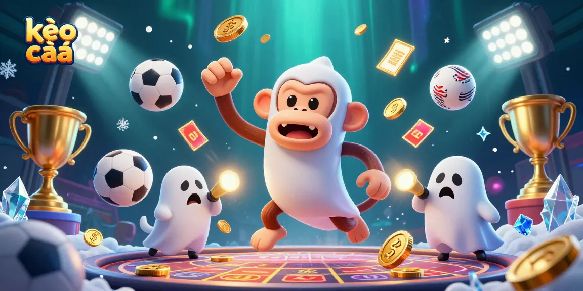 Engage in the world of kèo nhà cái with a playful poltergeist monkey juggling gold in a haunted casino.