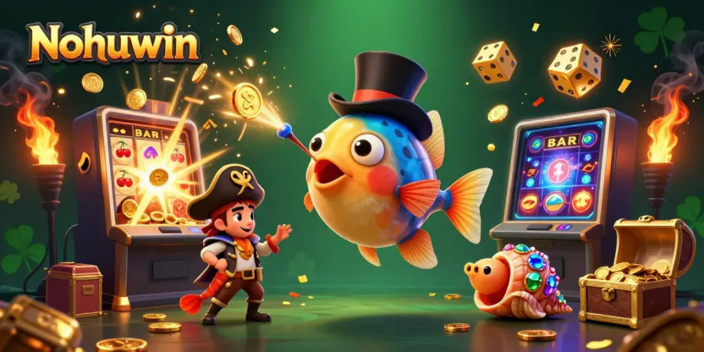 Experience the thrill of Nohuwin's online casino featuring vibrant characters and jackpot explosions.