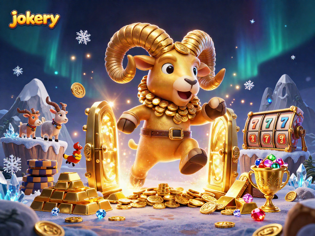 Experience the excitement of jokery as a golden ram charges through a vibrant casino themed environment.