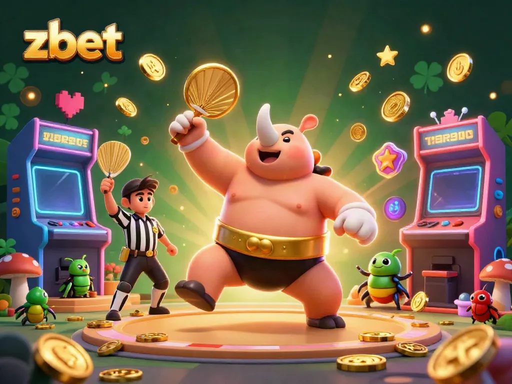 Experience the excitement of zbet with a dynamic 3D illustration featuring a sumo champion and golden coins flying.