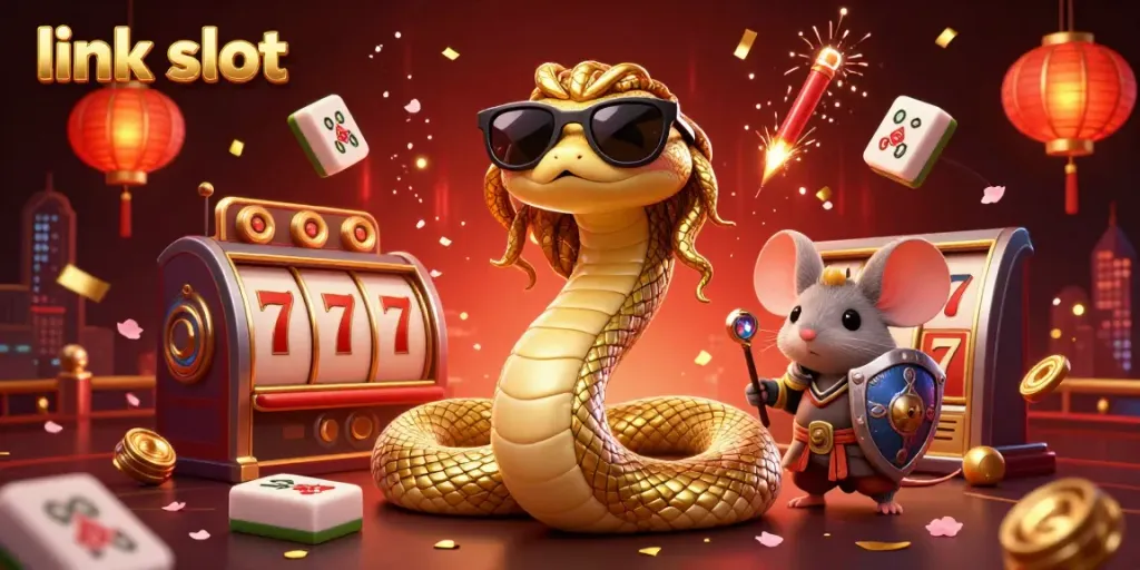 Experience the thrill of jackpot wins at link slot with a dynamic casino illustration featuring cute characters and vibrant game elements.