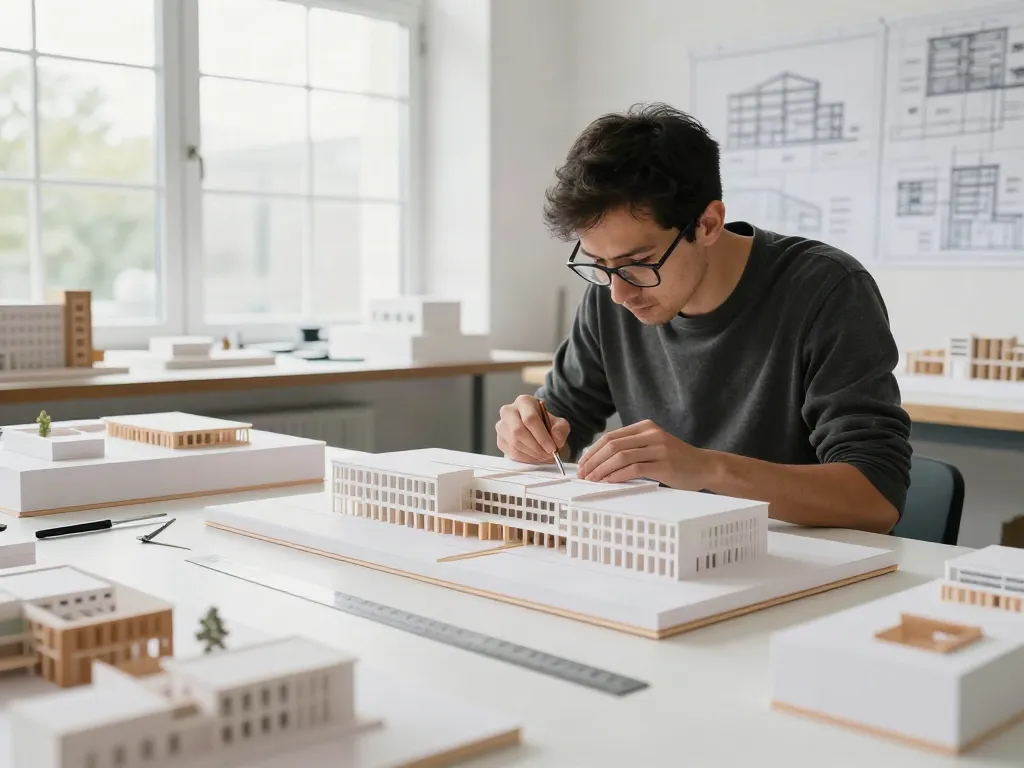 Gestaltungsmodell einer Architektur in 1:500 von Baden-Baden in modernem Designstudio, Detailarbeit am Modell.