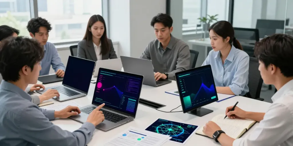 Cybersecurity Frankfurt Team in einem modernen Büro analysiert Bedrohungen und Sicherheitsstrategien.
