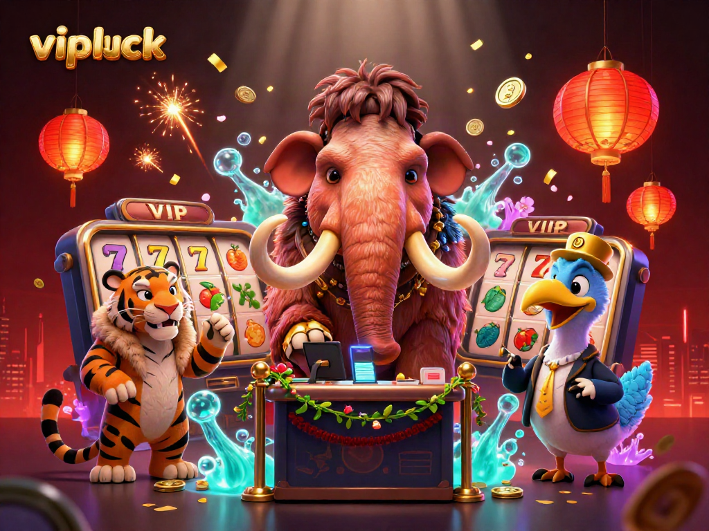 Experience the vibrant energy of vipluck casino with playful characters and exciting game elements in a dynamic scene.