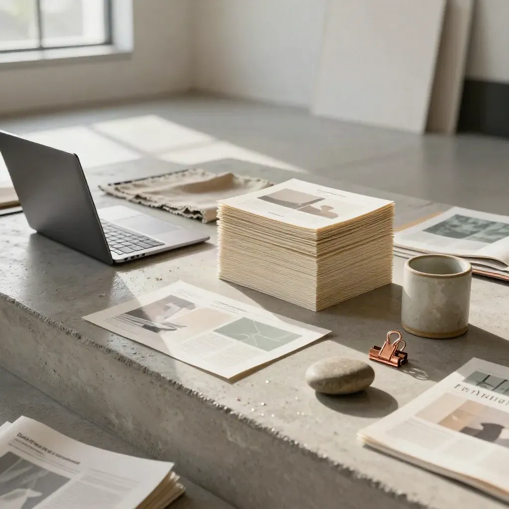 Editoriales Studio-Setup mit Papiermodellen, Laptop, Leinen und Kupfer bei Morgenlicht.