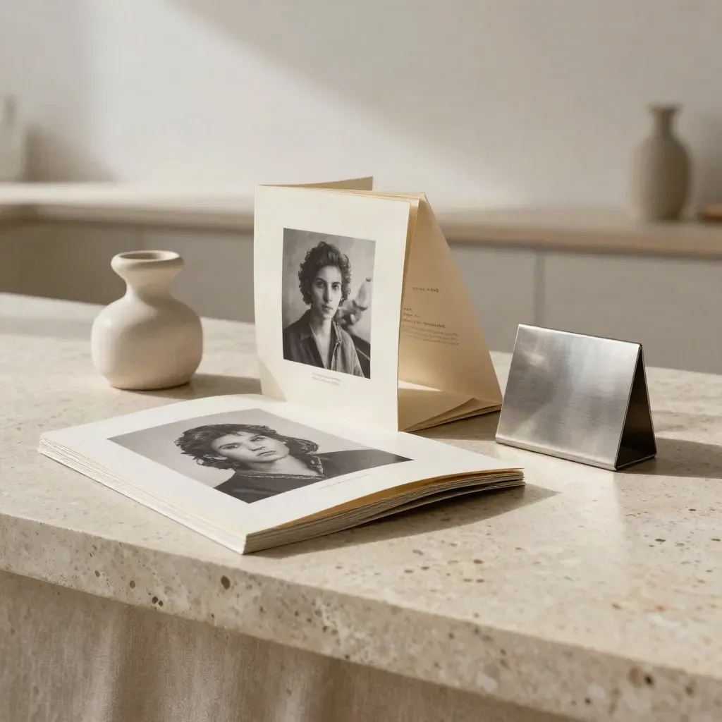 Helles Studio-Set mit Portrait-Proof, Biografie-Booklet, Keramikgewicht und Kartenständer.
