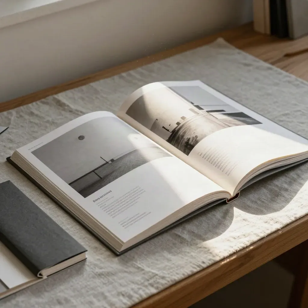 Offene Designer-Mappe mit Bildblöcken, Materialstreifen und Bio-Heft im warmen Fensterlicht.