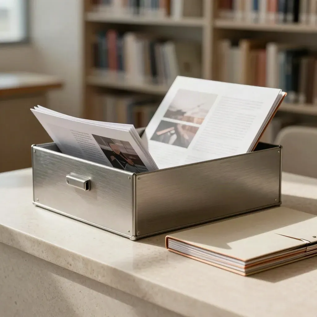 Geordnete Case-Study-Box mit Tabs, Projektprints und Kupferdetails in hellem Editorial-Look.