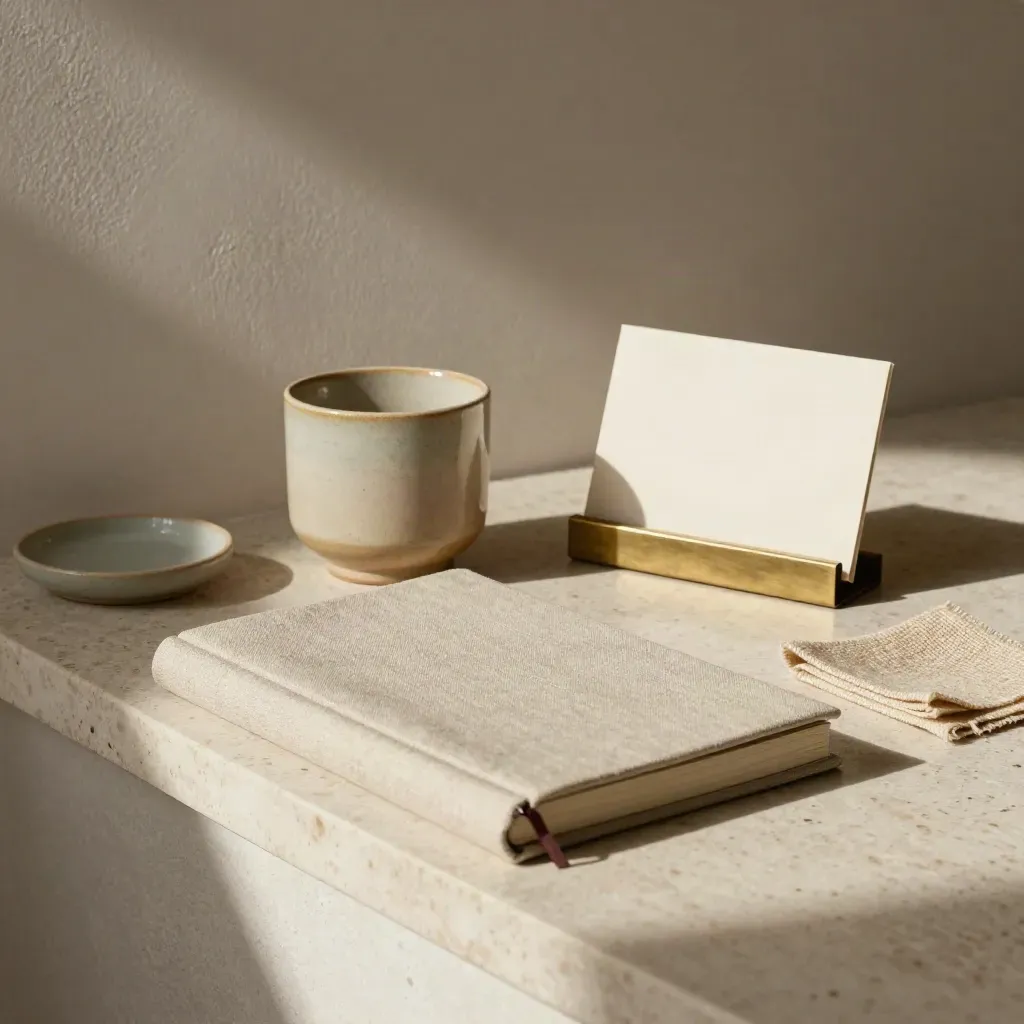 Ruhiges Coaching-Brand-Arrangement mit Journal, Tasse und Kartenständer im warmen Licht.