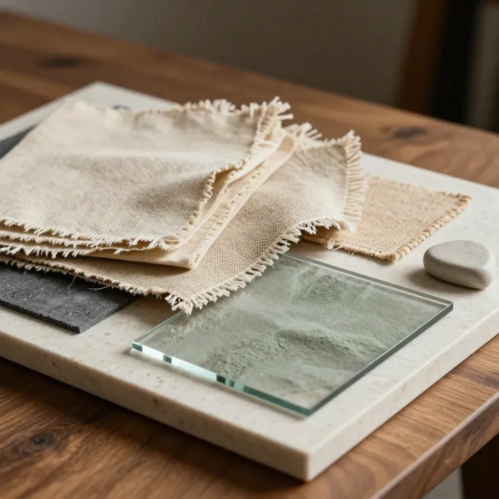 Materialprobe mit Farbkarten, Leinen, Glas und Keramik auf hellem Studiotisch