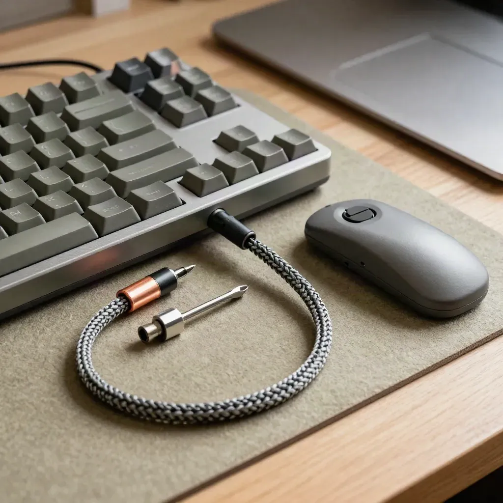 Nahaufnahme von Tastatur, Kabel, Adapter, Schraubendreher und Trackpad auf hellem Holztisch.
