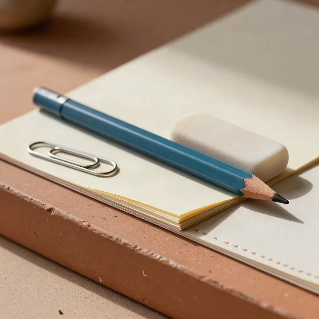 Blaustift, Radierer, Papierklemmen und Korrekturmappe auf hellem Editorial-Untergrund