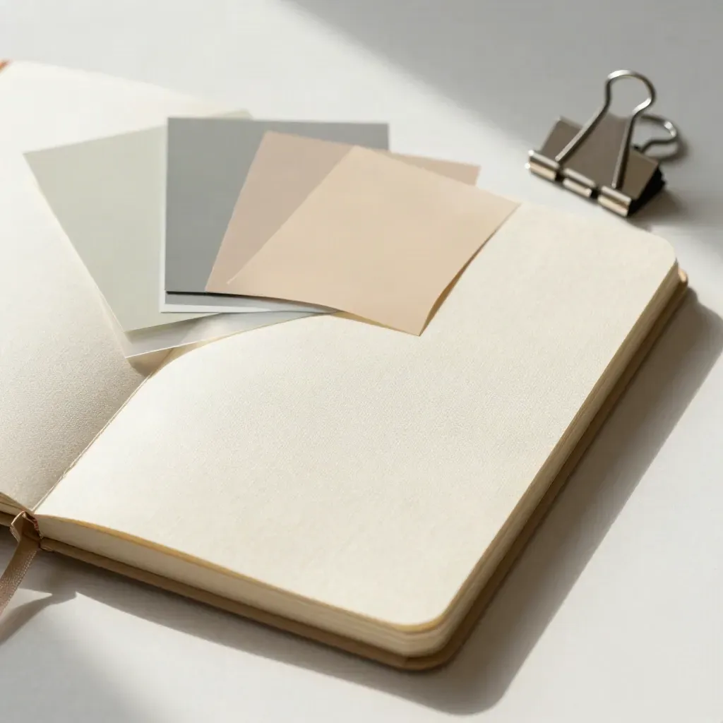 Geschlossenes Notizbuch mit Acetatblättern und Farbkarten auf hellem Putz, weich von links beleuchtet.