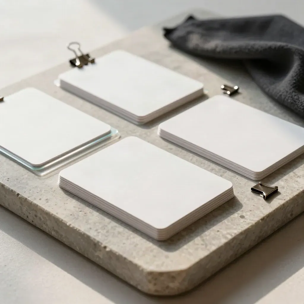 Layout-Brett mit Mockup-Karten, Papierabständen und Metallclips auf hellem Stein.