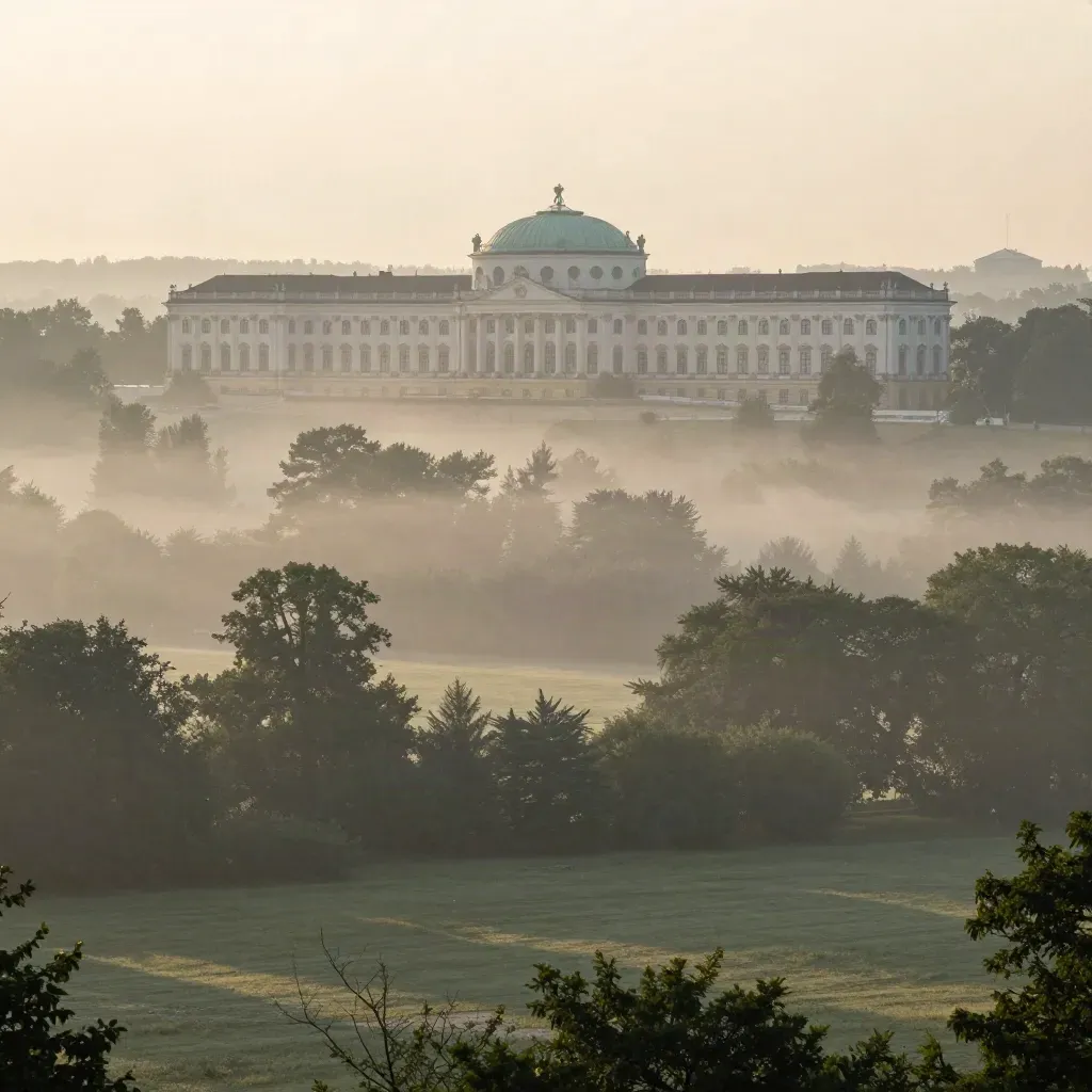 Morgendliche Fernsicht über Sanssouci und das Umland im dichten Nebel, ruhig und weit
