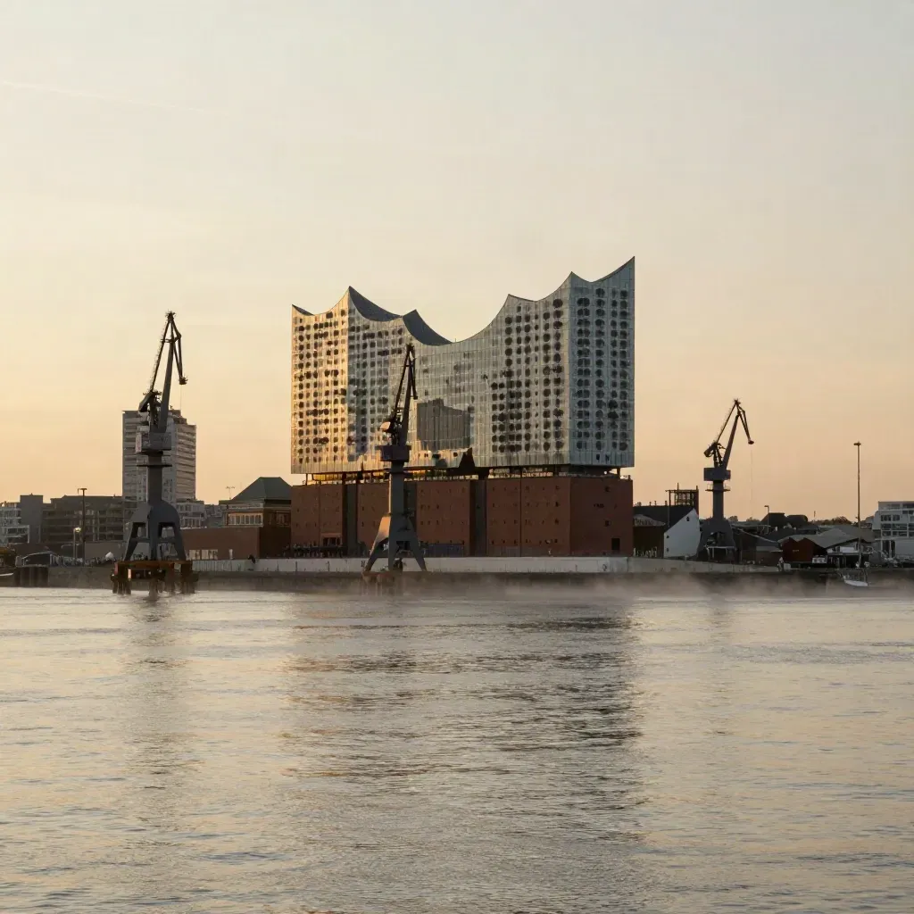 Hamburger Hafen im goldenen Abendlicht mit Elbphilharmonie und ruhiger Wasserfläche.