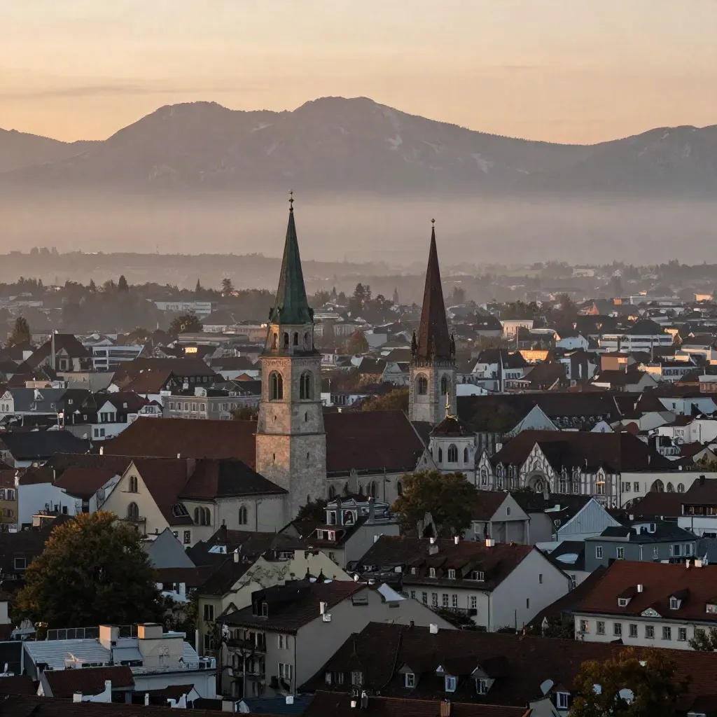 Blick über Münchens Dächer mit Kirchtürmen und zarter Alpenlinie im Abenddunst.