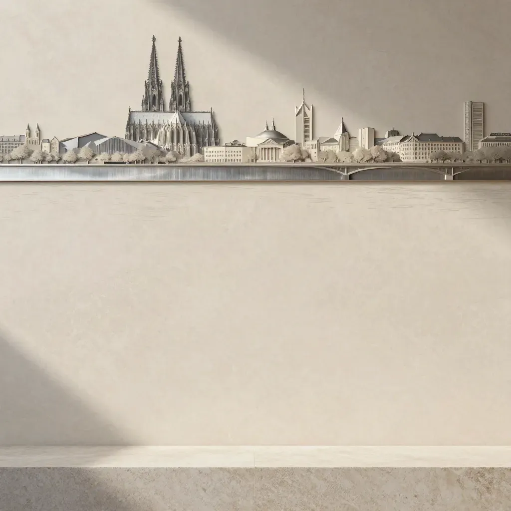Helle Steinrelief-Fläche mit abstrahierter deutscher Stadthorizontkante und ruhigem Freiraum