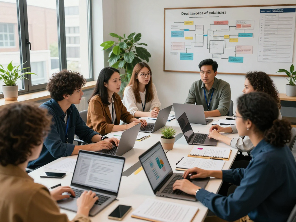 Beratungsszene in sozialen Einrichtungen, Team diskutiert Datenschutz und Barrierefreiheit.