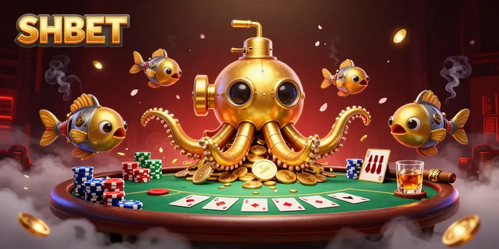 Experience the excitement at SHBET with vivid 3D illustrations of golden kraken and poker dynamics.